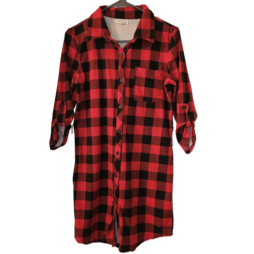Jolie & Joy Red Black Buffalo Plaid Button Front Roll Tab Shirt Dress Medium
